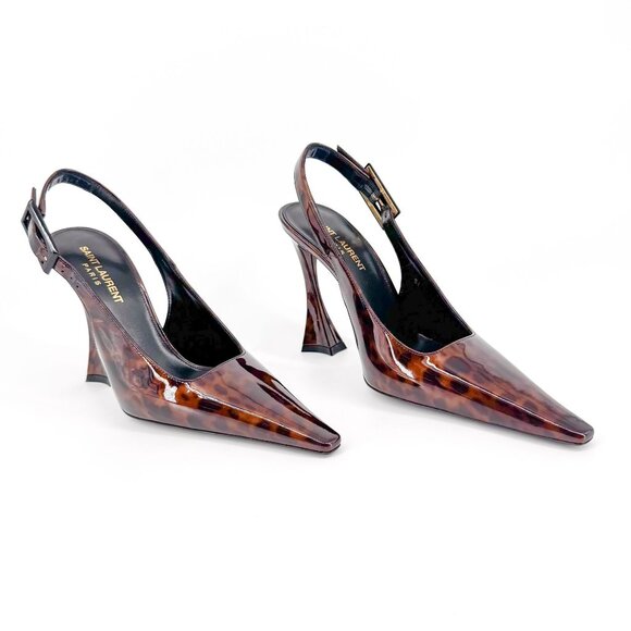 Saint Laurent Dune 110 Brown Patent Pumps Slingback High Heels Size 38 US 8 - Picture 1 of 15